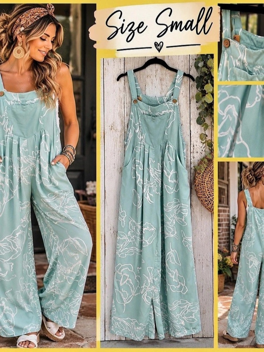 Natural Life Dakota Tie Overall Jumpsuit Floral Green & White Small